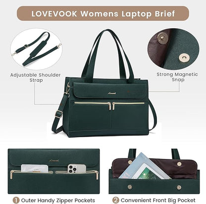 LOVEVOOK Laptop Bag for Women 15.6 Inch Tote Work Professional Leather Computer Briefcase Waterproof Handbag Shoulder Large Capacity Business Teacher Office Crossbody Purse, 131# Dark Green