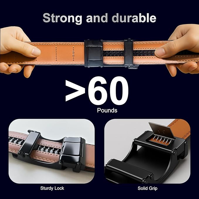 Men's Ratchet Belt Genuine Leather No-Hole Slide Buckle - Adjustable Men's Dress & Casual Belt