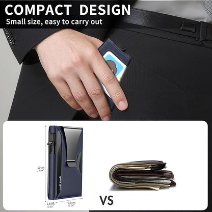 Wallet for Men Slim Minimalist Pop-up Smart Holds 5-6 Cards - RFID Blocking Metal with Money Clip, Credit Card Holder & ID Window, men accessories(3.94x2.56x0.59in) (Blue)