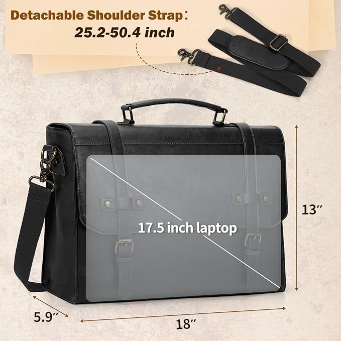 RAINSMORE Mens Messenger Bag 18 Inch Waterproof Vintage Leather Laptop Briefcase Large Laptop Bag Satchel Bag Computer Shoulder Bag for Office Business Travel College,Black