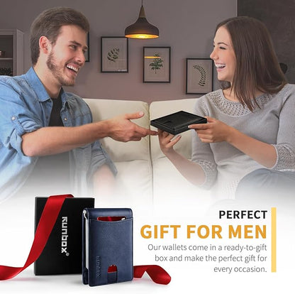 RUNBOX Slim Money Clip Wallets for Men RFID Blocking 11 Card Holder Minimalist Small Thin Carbon Leather Bifold Mens Front Pocket Wallet Gift Box