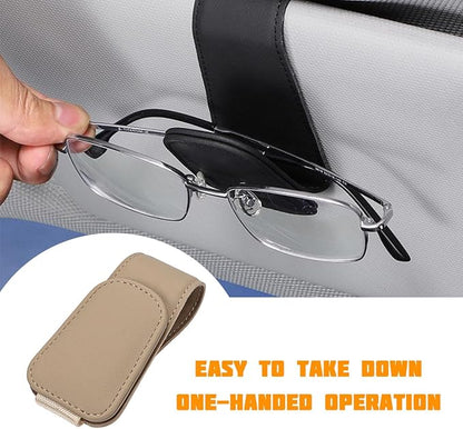 Sunglasses Holder for Car Visor, Microfiber Leather Magnetic Sun Visor Eyeglasses Hanger & Ticket Card Clip, Multi-Function Automotive Interior Glasses Mount, Universal Fit (Beige)
