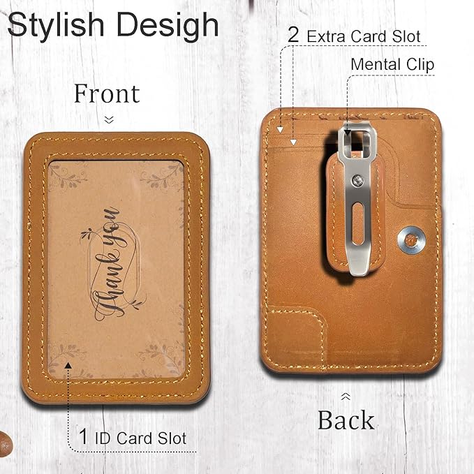 1 Pc LeeFirst Leather ID Badge Holder with Neck Lanyard, Durable ID Card Holder with Detachable Mental Clip for Men Women, Clear Window, 3 Card Slots, Leather Lanyard for Work, School, Golden-Brown