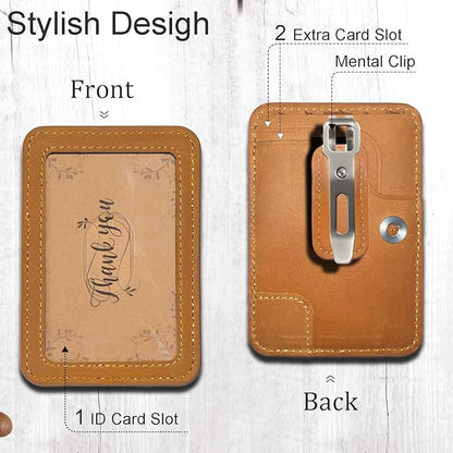 1 Pc LeeFirst Leather ID Badge Holder with Neck Lanyard, Durable ID Card Holder with Detachable Mental Clip for Men Women, Clear Window, 3 Card Slots, Leather Lanyard for Work, School, Golden-Brown