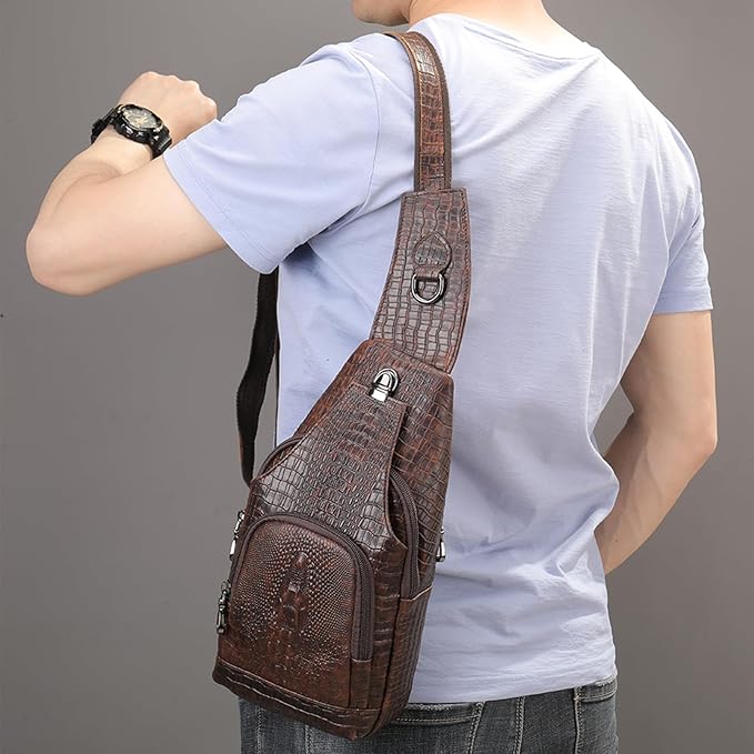 NIUCUNZH Crocodile Leather Sling Bag with Leather Strap, 3 Zipper Crossbody Shoulder Bags for Travel Hike Everyday Carry