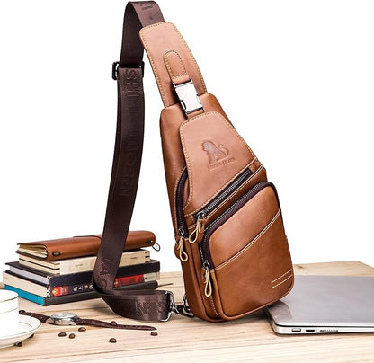 Pundarika Leather Sling Bag for Men - Crossbody Shoulder & Chest Bag; Multifunctional Travel & Hiking Backpack - Black
