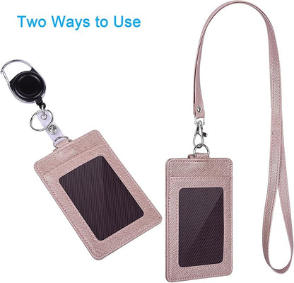 Wisdompro Retractable Badge Holder with Lanyard, Double Sided PU Leather ID Card Holder with Carabiner Badge Reel Clip and 18.8 inch Neck Lanyard - Rose Gold, Vertical