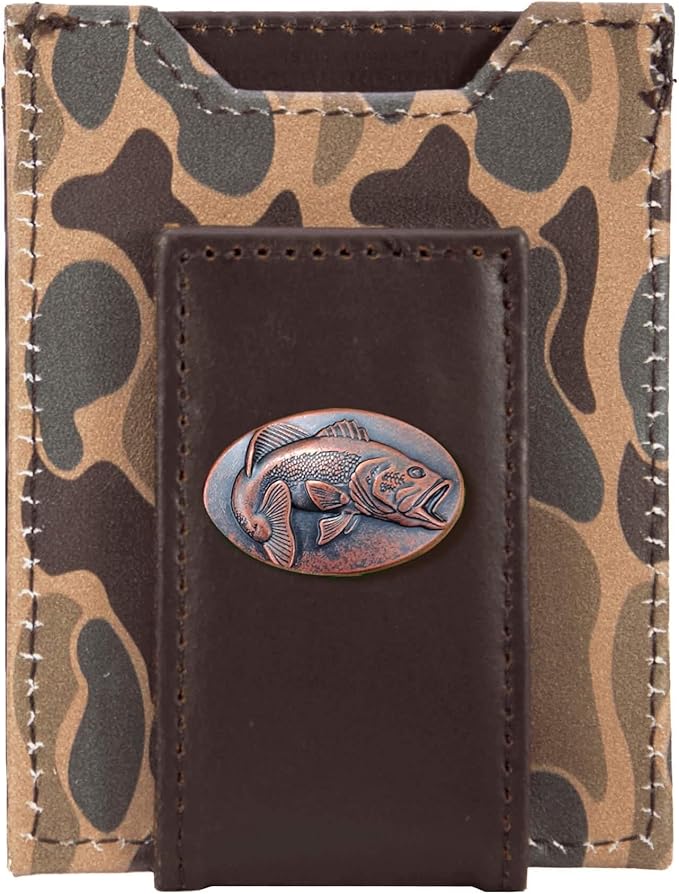 ZEP-PRO Bass Men's Magnetic Front Pocket Old School Camo Leather Wallet – Slim Design with Card Slots and Money Clip, Brown/Tan Camo
