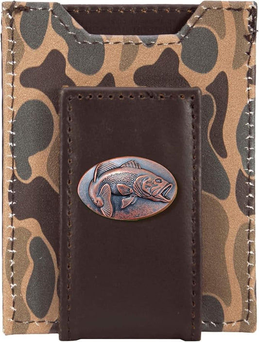 ZEP-PRO Bass Men's Magnetic Front Pocket Old School Camo Leather Wallet – Slim Design with Card Slots and Money Clip, Brown/Tan Camo