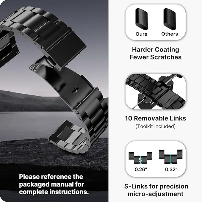 Fullmosa 24mm Stainless Steel Watch Band, Quick Release Metal Replacement Strap with Removable Links, Includes Spring Bars & Link Removal Tool for Men Women (Black)