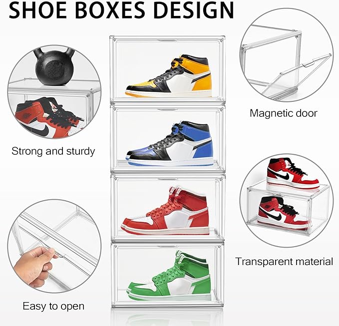 Size 12 Acrylic Shoe Boxes,12 Pack Shoe Display Cases Clear Plastic Stackable Shoe Container Hat Sneaker Storage Bins, Fit Up to US Men's/Women's Size 12 Shoes