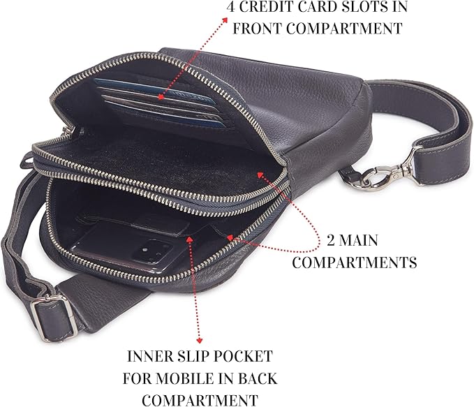 Leather Sling Bag for Women Genuine Crossbody Purse Small Trendy Cross Over Chest with Phone and Credit Card Slots (Dark Grey Nappa)