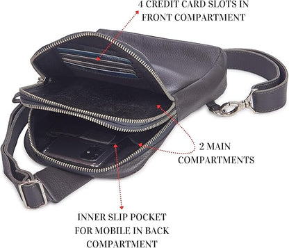 Leather Sling Bag for Women Genuine Crossbody Purse Small Trendy Cross Over Chest with Phone and Credit Card Slots (Dark Grey Nappa)