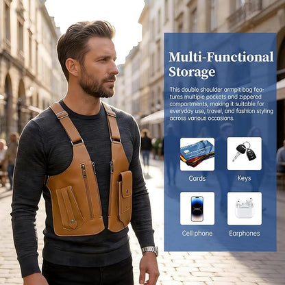 Double Shoulder Armpit Bag for Men, Anti-Theft Underarm Shoulder Holster Bag with Adjustable Strap, Hidden Phone Wallet Pocket for Travel & Daily Commute (Light Brown)