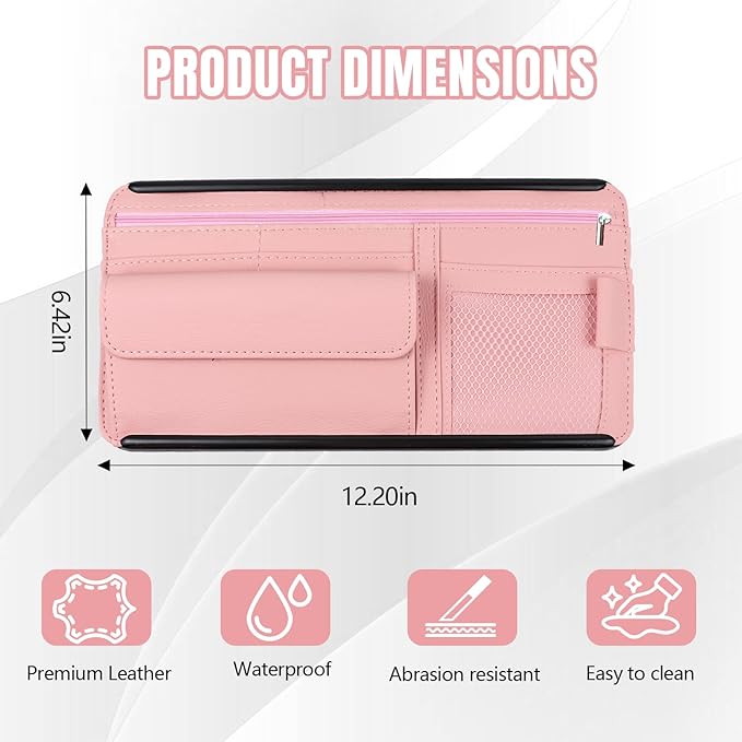 Hovom Car Visor Organizer, Leather Multi-Pocket Auto Sun Visor Storage Pouch with Sunglasses Holder, Card Holder, Zipper Pocket, Net Pocket, Pen Slot, Universal Interior Car Accessories (Pink)
