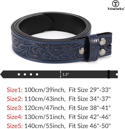 TRIWORKS Western Belt Strap for Men without Buckle 1.5" Wide Floral Engraved Embossed Leather Belt Strap