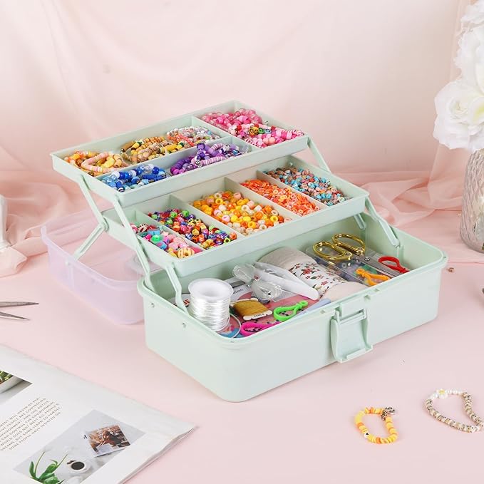 Tackle Box, Craft Organizers and Storage 3-Layer Portable Folding Toolbox, Plastic Tool Box with Handle for Sewing Supplies, Medicine, Art Supplies, Nails and Hair Accessories (Haze Green, 12.5inch)
