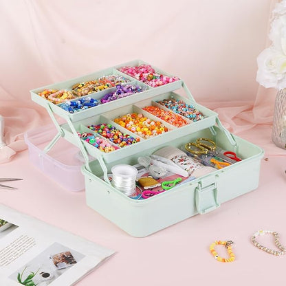 Tackle Box, Craft Organizers and Storage 3-Layer Portable Folding Toolbox, Plastic Tool Box with Handle for Sewing Supplies, Medicine, Art Supplies, Nails and Hair Accessories (Haze Green, 12.5inch)