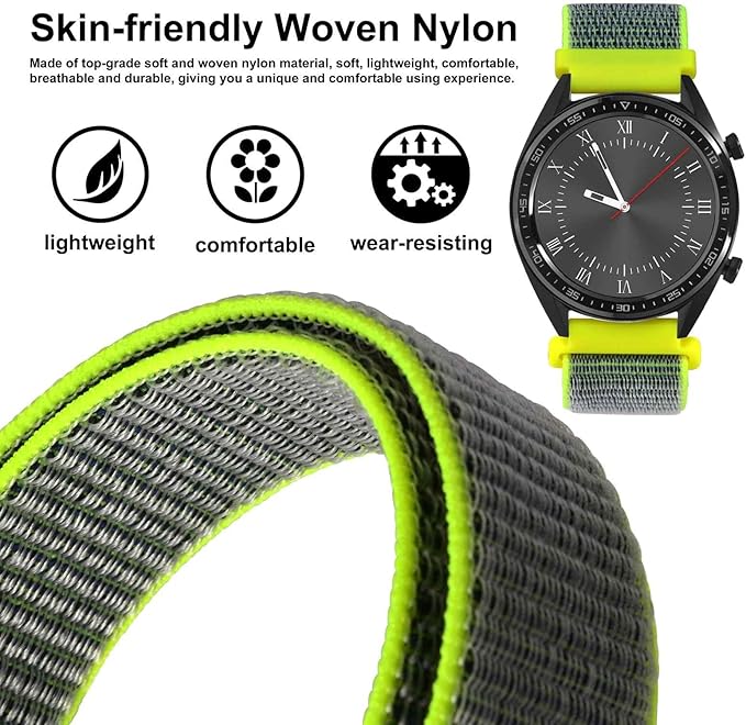 WOCCI 20mm Adjustable Nylon Watch Band, Quick Release Sport Loop Strap (Bright Yellow/Grey)