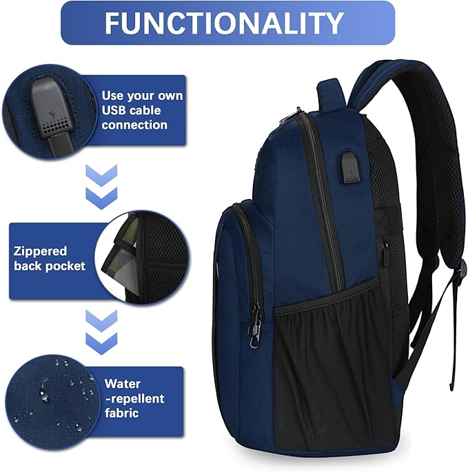 LARIPOP Carry On Backpack for Airplane, 17.3 Inch Laptop Backpack with USB Charging Port, Water Resistant Business Travel Backpack, Lightweight College School Bookbag Anti Theft for Men Women, Blue