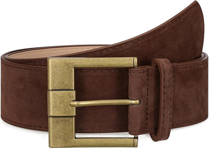 Women Wide Leather Belts for Dresses 1.9" Chunky Western Vintage Thick Suede Waist Belt with Brass Buckle