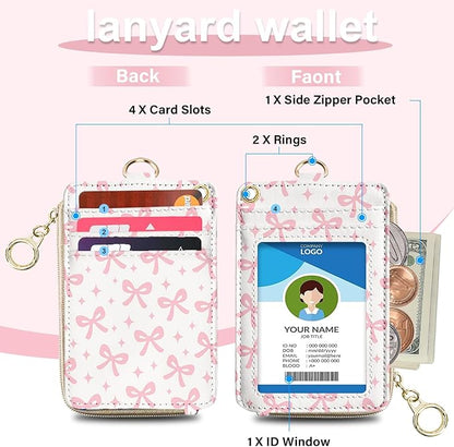 Cute ID Badge Holder with Lanyard,Slots Keychain Phone Wrist Strap,RFID Blocking,Pink Bow Wallet Lanyard Card Holder Multiple Zip Id Case Wallet for Office School Business Security Staff