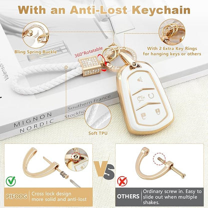 PIFOOG Key Fob Cover Fit for Cadillac XT5 XT6 XT4 CTS CT6 ATS SRX XTS 5 Buttons White Gold Car Keys Case Shell Bling Keychain Full Protector Covers Accessories Girly Women Cute Soft TPU