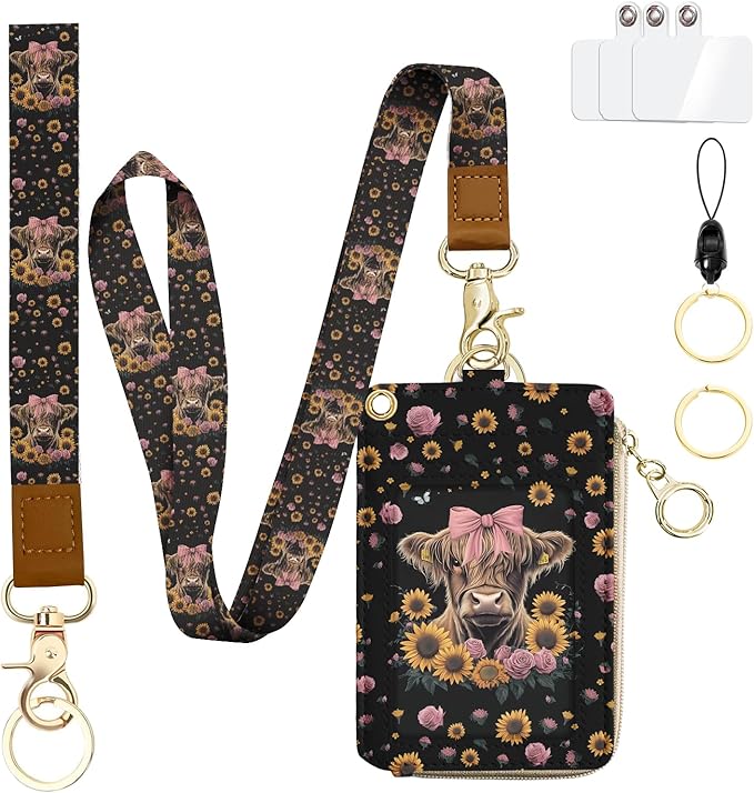 bolimoss Highland Cow RFID Badge Holder with Lanyard Wallet, Leather Sunflower Breakaway Lanyards for ID Holder with Wrist Strap, Small Id Case Wallet with Zipper Pocket for Nurse Teacher Student Work