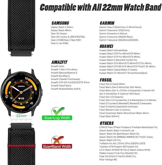 Runostrich 22mm Quick Release Elastic Band Compatible with Samsung Galaxy Watch 3 45mm/Garmin Venu 4 45mm/3 45mm/Venu 2/Vivoactive 4/Forerunner 570(47mm)/255/265/Amazfit Helio/Bip 6/5/Balance 2