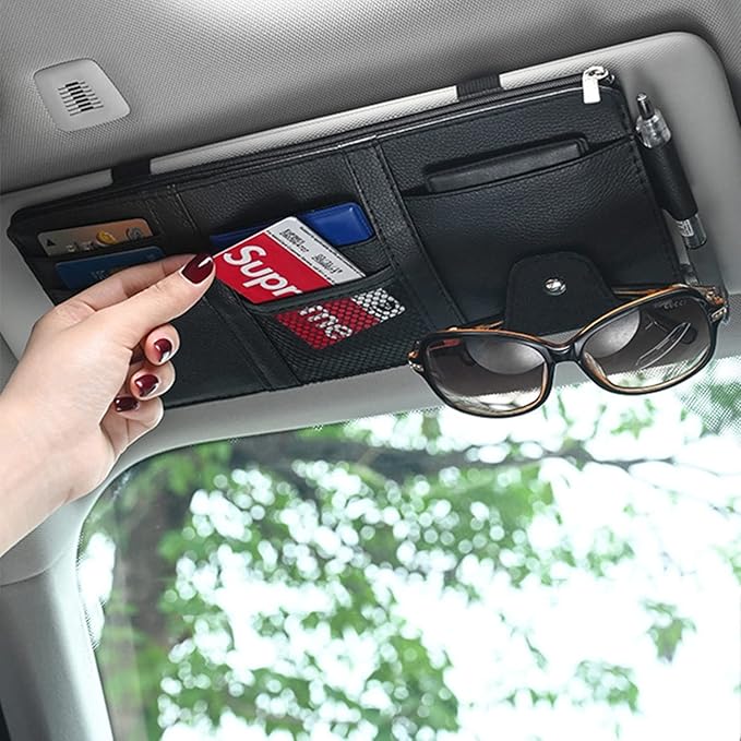 Black Leather Car Sun Visor Organizer, Sunglasses Holder for Car Sun Visor, Auto Visor Storage Document Holder with Multi Pocket