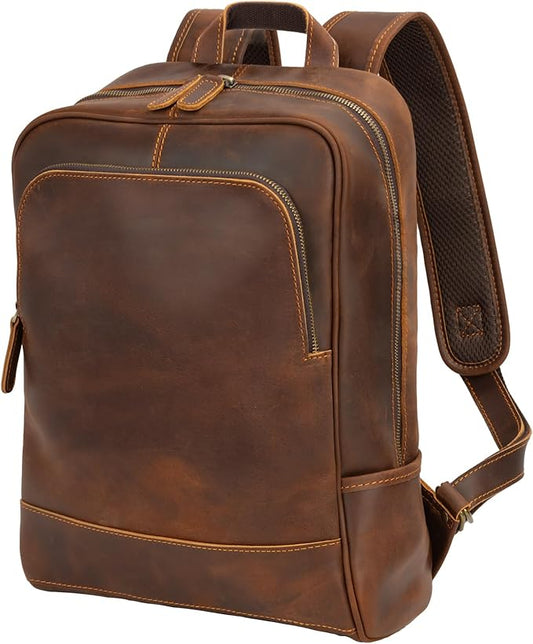 Leather Backpack for Men 15.6" Laptop Backpack 100% Madagascar top-Grain Leather Backpack Brown Medium Size