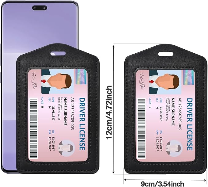 2 Pcs Genuine Leather ID Badge Holder Vertical Single-Side Clear Card Holder Waterproof Name Badge Holder for Office, Staff, Students, Employees(Black&Black)