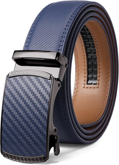 SENDEFN Leather Belt for Men Automatic Ratchet Buckle Slide Dress Casual Belts 1 3/8'' Wide Adjustable Trim to Fit(Black-20)