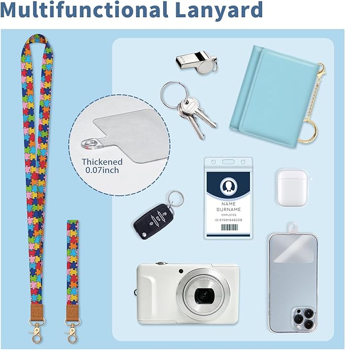 Lanyard Wallet with Id Badge Holder, Autism Awareness RFID Small Keychain Wallet Women Wristlet, Cute Zipper Credit Card Holder Phone Wrist Neck Strap for Key Name Tag, Student Office Gifts