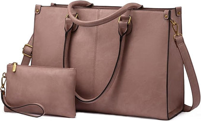 LOVEVOOK Laptop Tote Bag for Women, 15.6 Inch Large Capacity Vintage Leather Work Computer Bag, Business Casual Shoulder Handbag, Lotus Pink