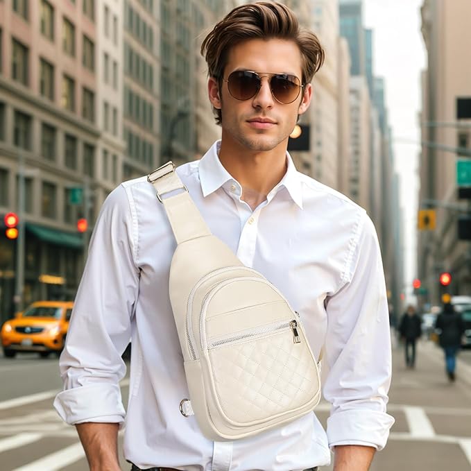 Crossbody Bags for Women Men,Leather Sling Bag Cross Body Backpack for Women, Casual Chest Bag Daypack for Travel Hiking, White