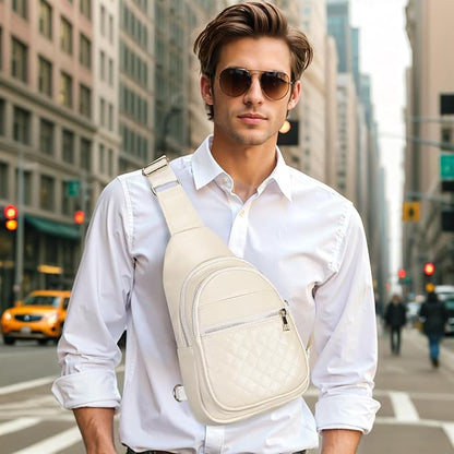Crossbody Bags for Women Men,Leather Sling Bag Cross Body Backpack for Women, Casual Chest Bag Daypack for Travel Hiking, White