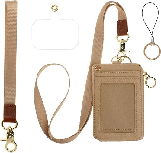 Mondo Designs 2-in-1 ID Badge Holder & Lanyard Wallet - Multi-Use Womens Small Wallet with Removable Wristlet & Neck Lanyard, Clear Window, 5 Card Slots, Phone Holder, Ring Keychain - Taupe