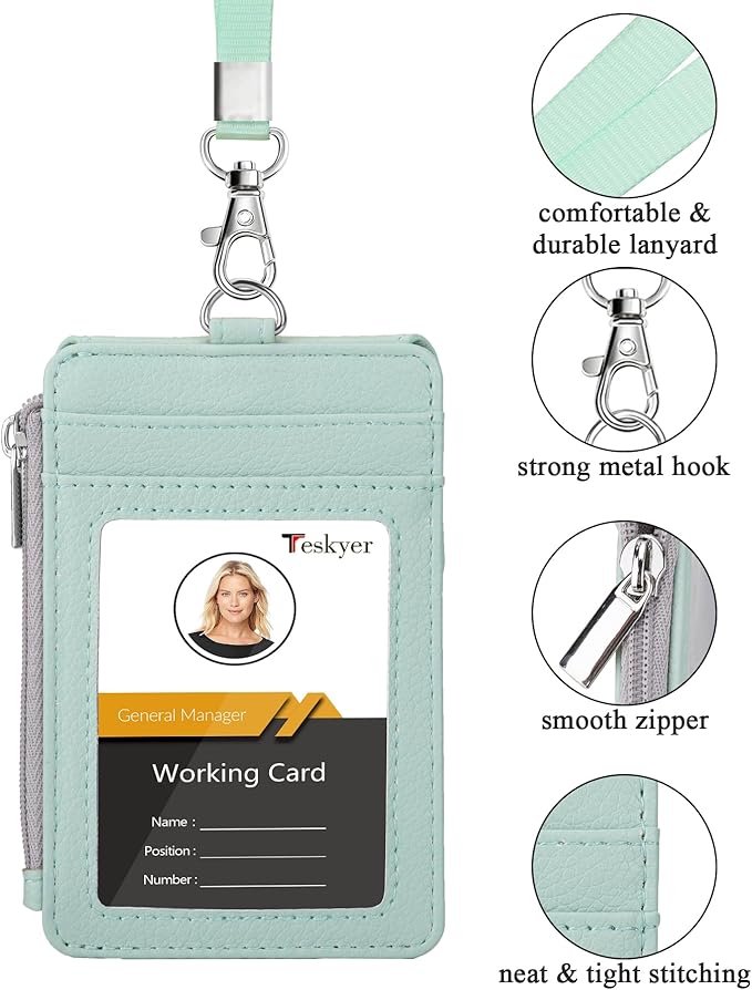 Teskyer Badge Holder with Side Zip Pocket, Multiple Card Slots Leather ID Holder Wallet with Neck Lanyard for Office, Teachers/Students, Workers, Cruise Cards, Metro Cards, Lichee Light Green