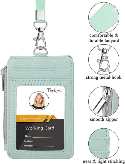 Teskyer Badge Holder with Side Zip Pocket, Multiple Card Slots Leather ID Holder Wallet with Neck Lanyard for Office, Teachers/Students, Workers, Cruise Cards, Metro Cards, Lichee Light Green