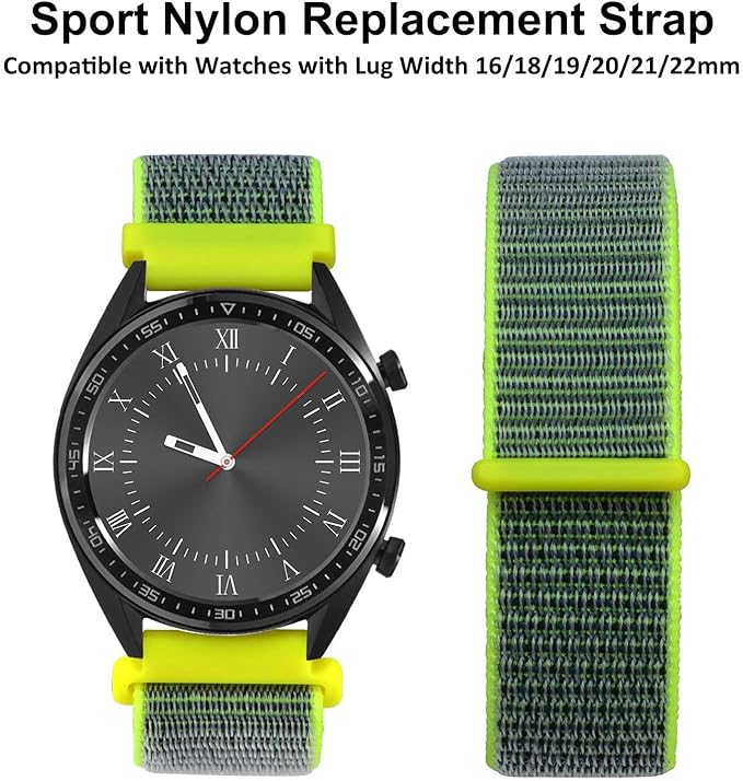 WOCCI 22mm Adjustable Nylon Watch Band, Quick Release Sport Loop Strap (Bright Yellow/Grey)