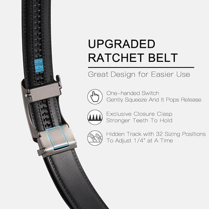 SENDEFN Men's Leather Belt Automatic Ratchet Buckle Slide Belt for Dress Casual Trim to Fit with Gift Box