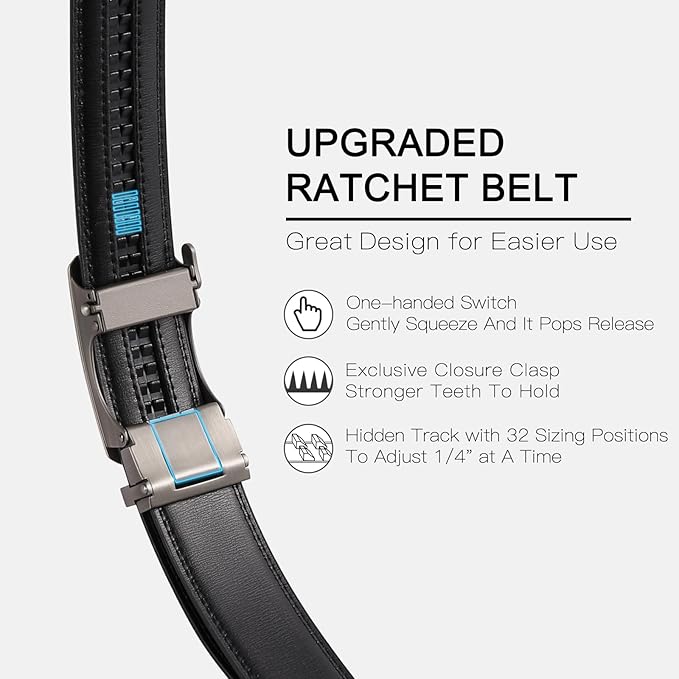 SENDEFN Men's Leather Belt Automatic Ratchet Buckle Slide Belt for Dress Casual Trim to Fit with Gift Box