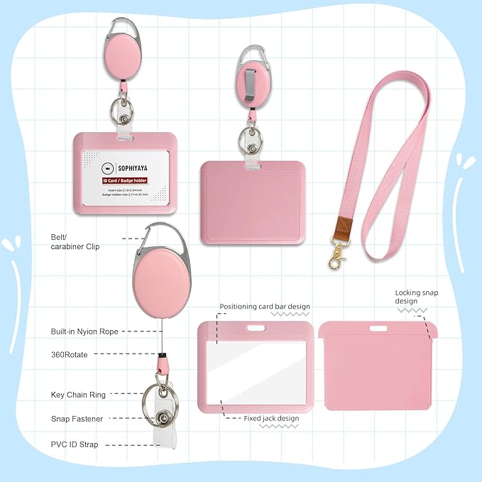 Badge Holder and Retractable Reel with Lanyard, Hard Plastic Key Card Work Badge Sleeve for Office School Factory Teacher Women Men (Black, Horizontal)