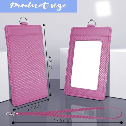 Carbon Fiber Work ID Card Holder with Lanyard is a Stylish and Durable Card Holder with Dual Card Capacity, Clear Display Window and Privacy Back Pocket (Pink)