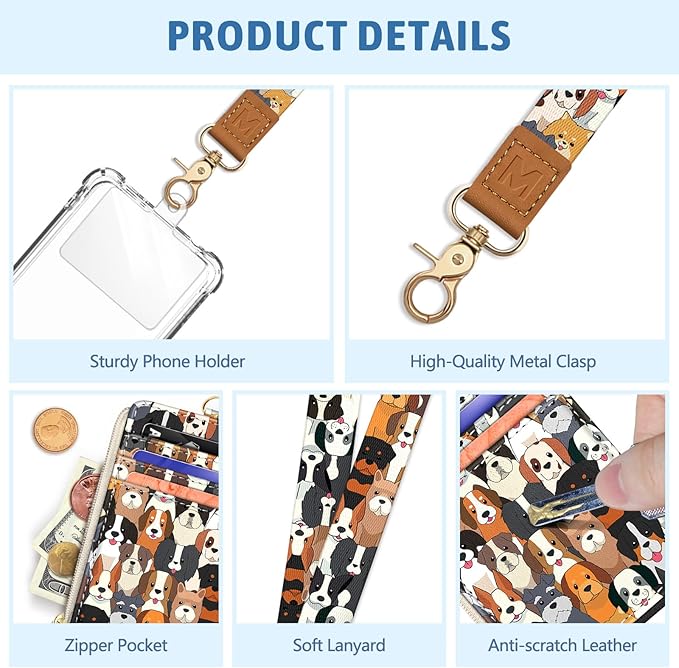 Piefly Cute Dog Lanyard Wallet with ID Badge Holder, Small RFID Wallet Women Keychain Wristlet, Slim Credit Card Holder with Zipper Pocket Phone Lanyard Wrist Strap Name Tag Woman Office Teacher Gift