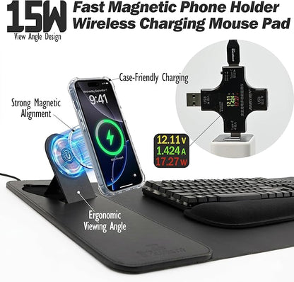 15W Fast Charging Desk Mouse Pad,View Angle Ergonomic Foldable Magnetic Phone Charger,35.4x15.7in PU Leather Large Wireless Charging Desk Mat with Keyboard & Mouse Wrist Rest for Gaming,Office,Mac