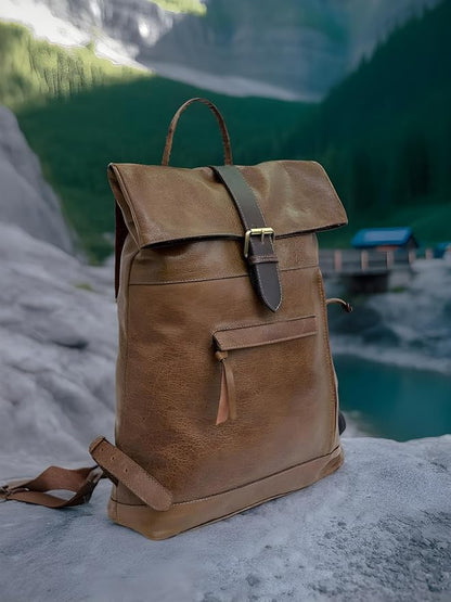 VANSI Soft Leather Men Women Laptop Backpack School College Office (Tan Brown)