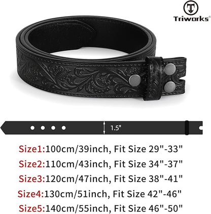 TRIWORKS Western Belt Strap for Men without Buckle 1.5" Wide Floral Engraved Embossed Leather Belt Strap