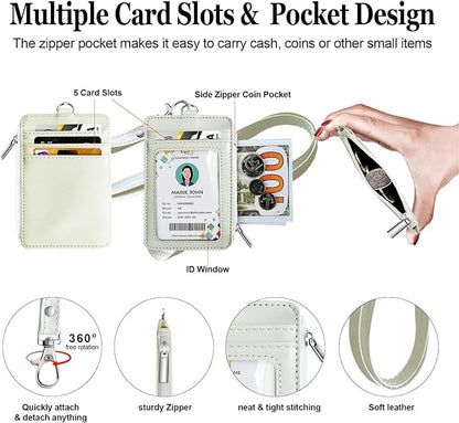 bolimoss 2-in-1 ID Badge Holder & Lanyard Wallet, Multiple Card Slots Leather ID Card Holder with Neck Lanyard for Cruise Ship Cards,Credit Cards, Office School ID, Work Name Cards, Driver's License